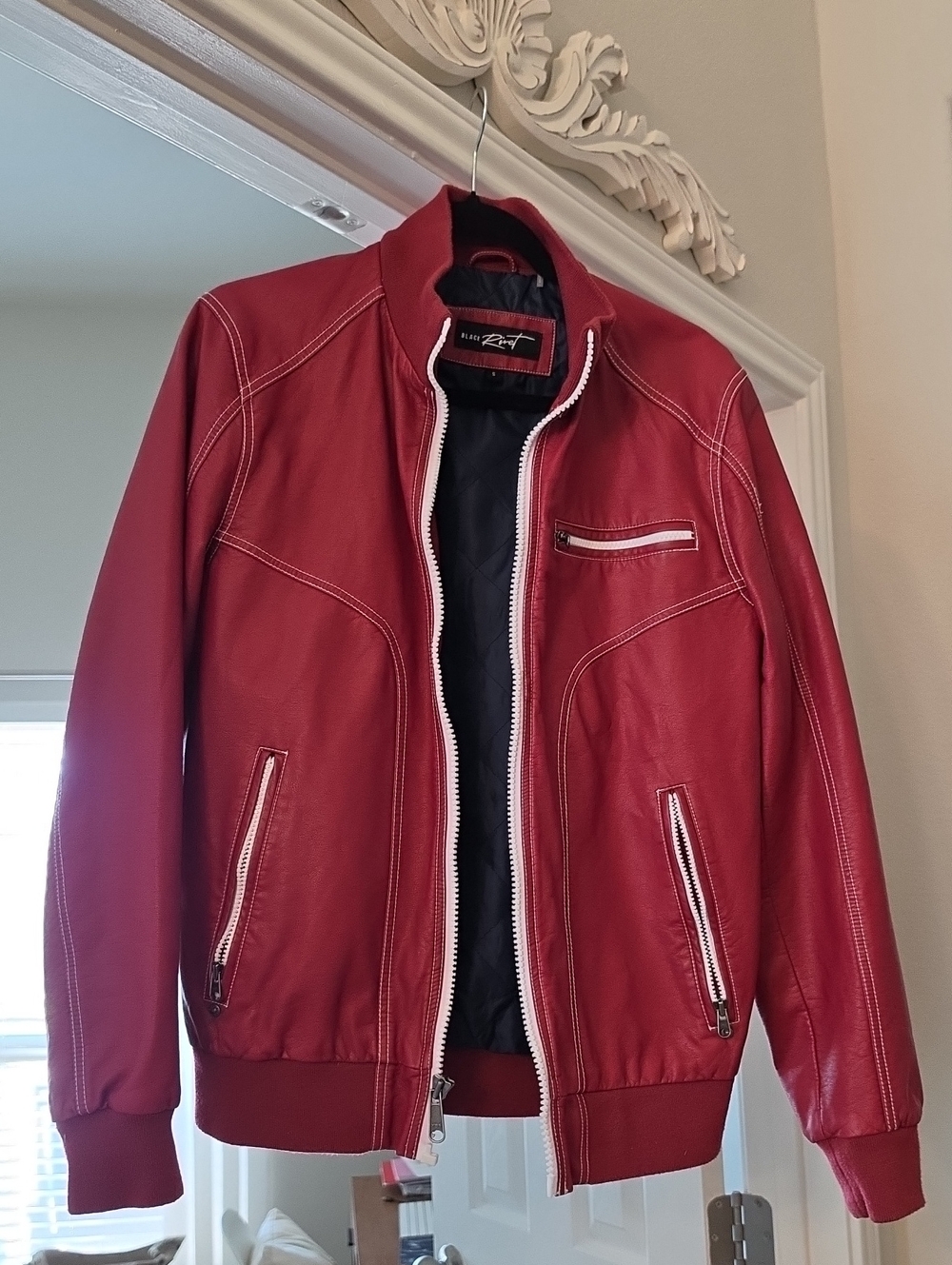 Black Rivet Red Leather Bomber Jacket